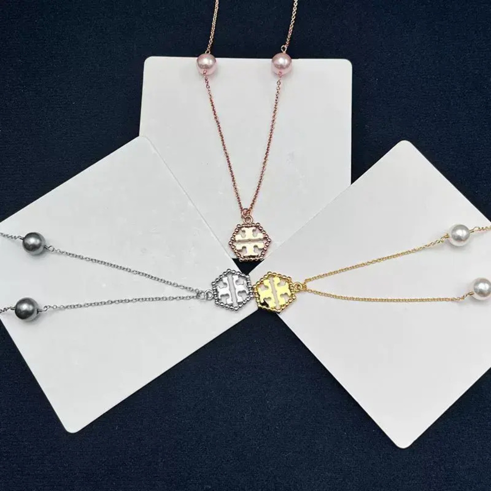 Tory Burch Geometric Hexagon Hollow Fine Double Letter Necklace